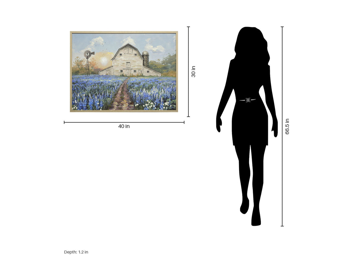 Bluebonnet Homestead - 40 X 30 - Hand-Embellished Canvas In Frame - Blue
