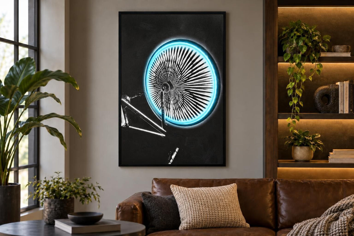 Chromatic Spokes - 32 X 48 - Hand-Embellished Color Changing Neon Canvas - Black