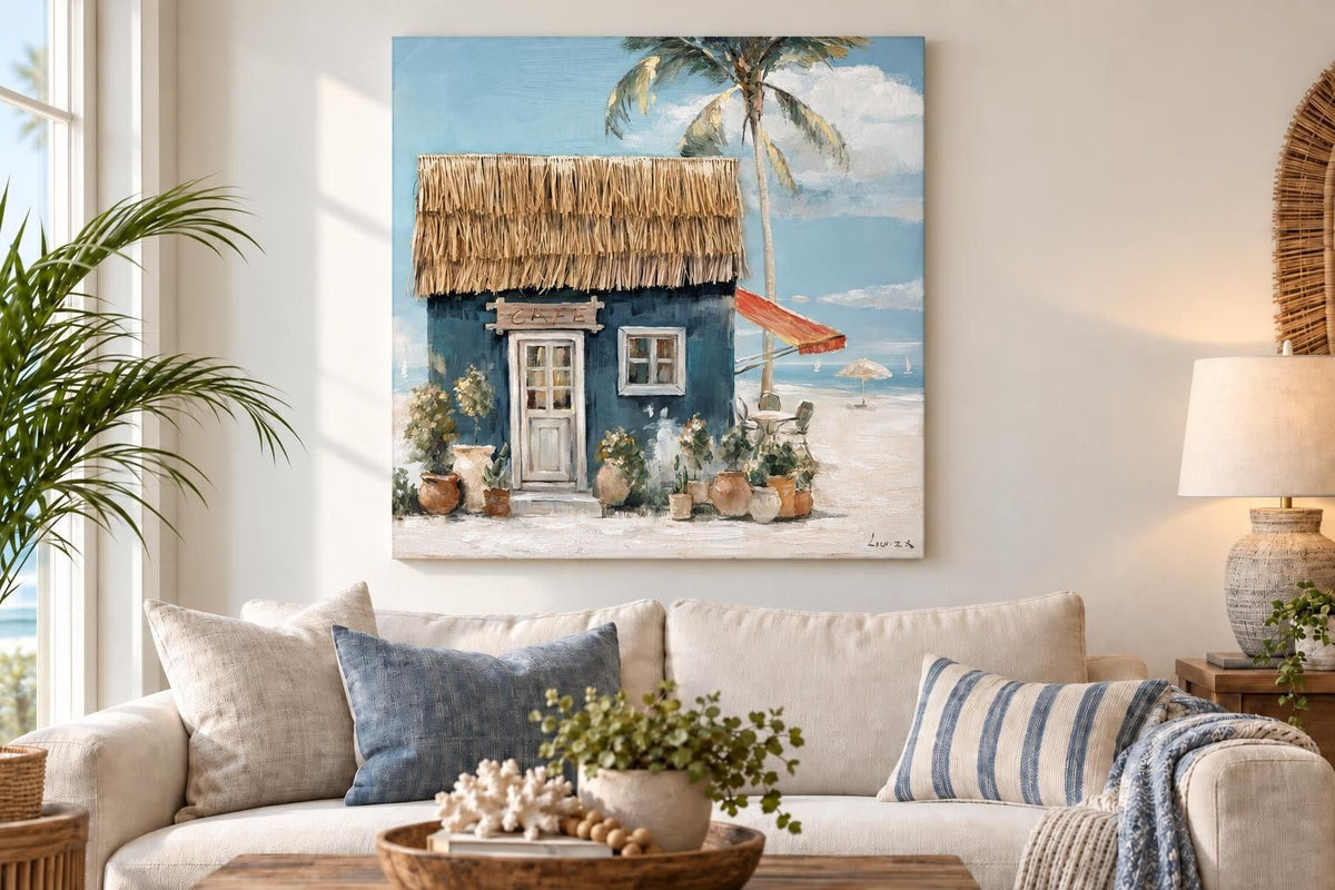 Salt Air Café - 40 X 40 - Hand-Embellished Wrapped Canvas With Raffia Grass - Blue