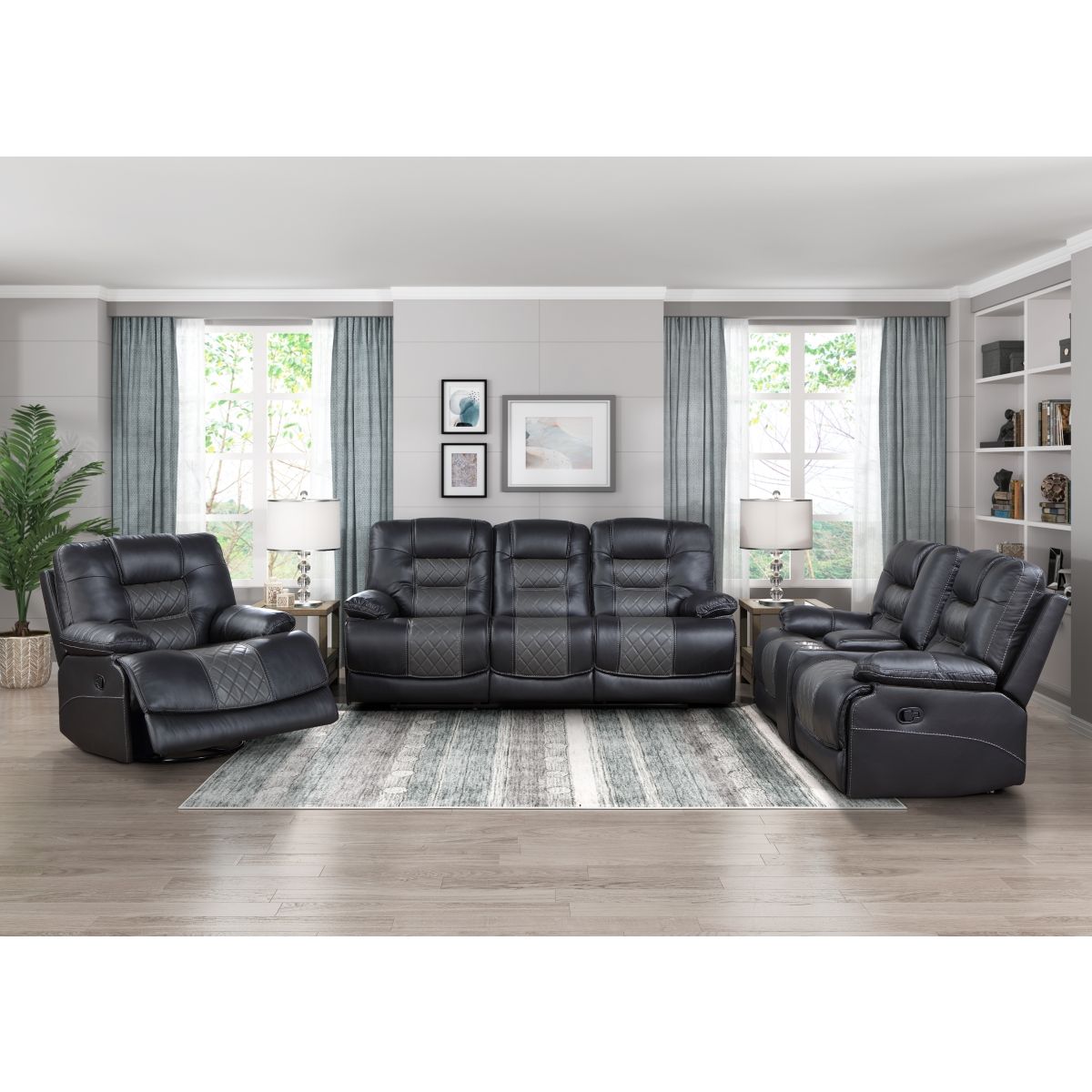 Fabian - Double Reclining Sofa With Center Drop-Down Cup Holders, Receptacles And USB Ports - 2-Tone Gray (Gray / Dark Gray)