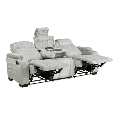 Ronan - Double Reclining Sofa With Center Drop-Down Cup Holders, Storage Arms, Cup Holders, Reading Lights, Magazine Bag, Receptacles, Charging Ports And Led - Gray