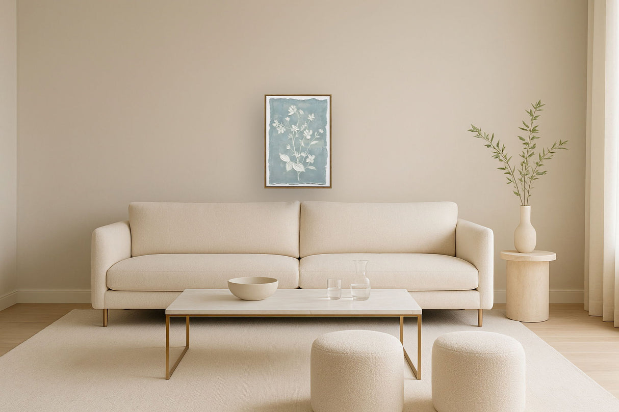 "Whispering Blooms I" Hand-Embellished Canvas In Frame - Blue / White