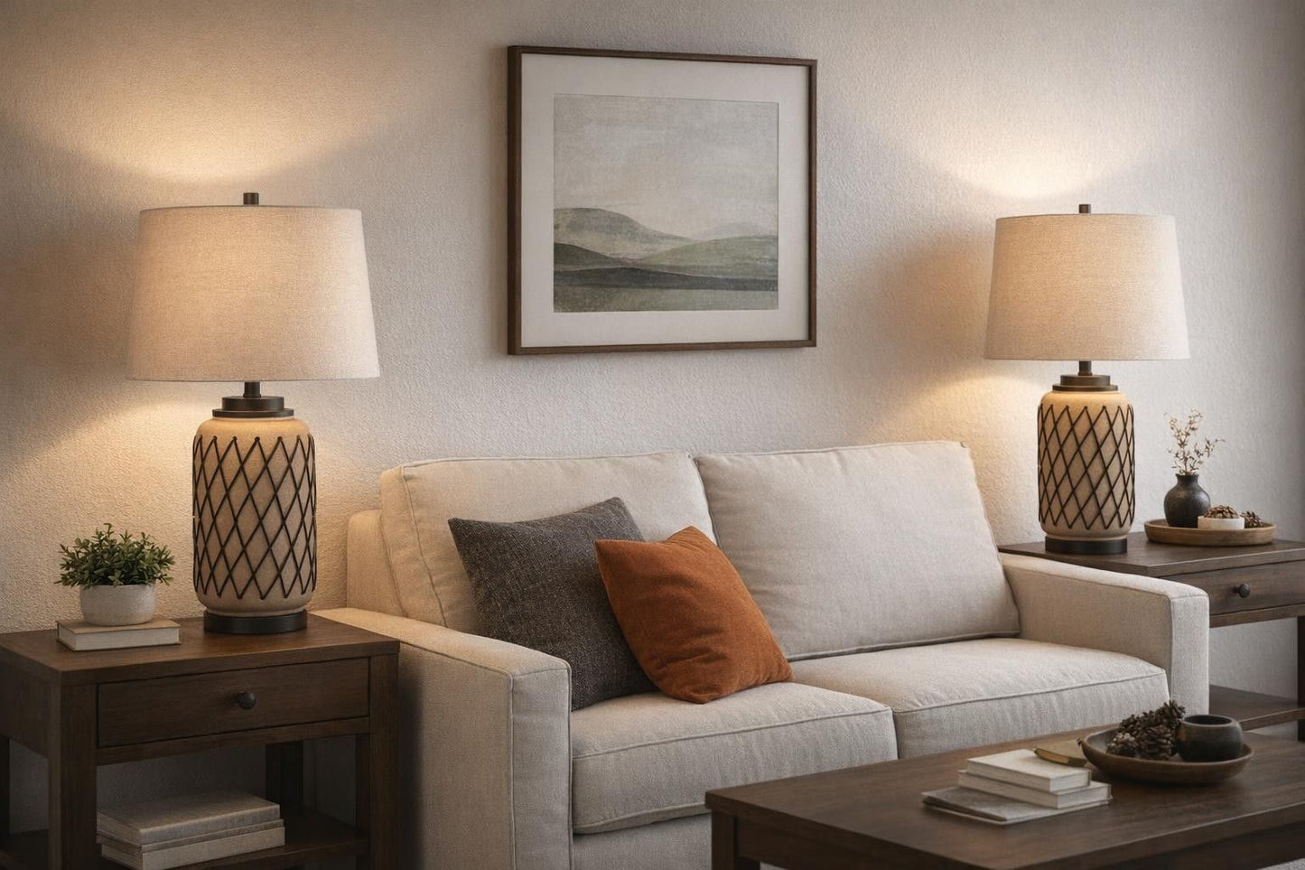 Diamond Weave Ceramic, PU Leather & Metal Table Lamp (Set of 2) - Terra