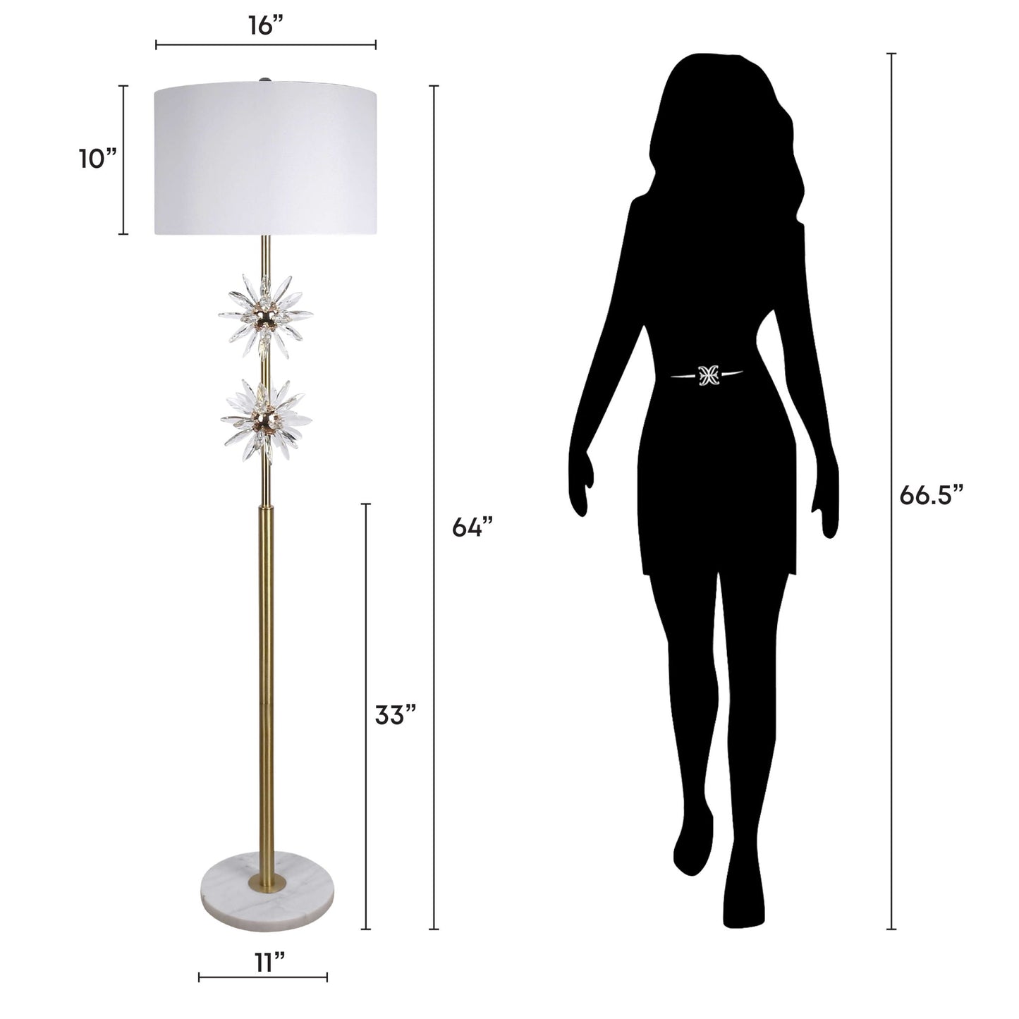 "Crystal Bloom I" Metal And Crystal Floor Lamp - Soft Gold / Clear Crystal / White Marble