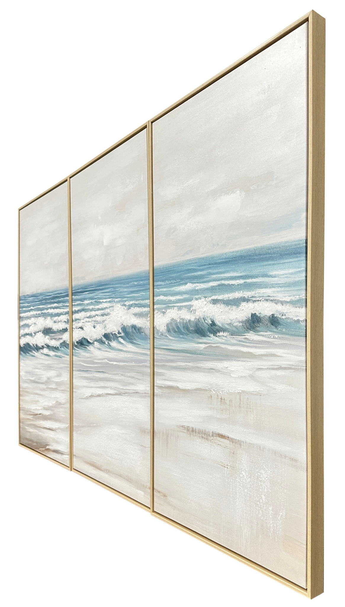 Shoreline Cadence - 59 X 39 - Hand-Embellished Canvas Triptych In Frame - Blue