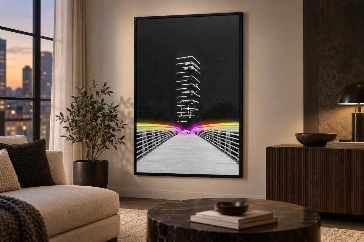 Electric Promenade - 32 X 48 - Hand-Embellished Color Changing Neon Canva - Black