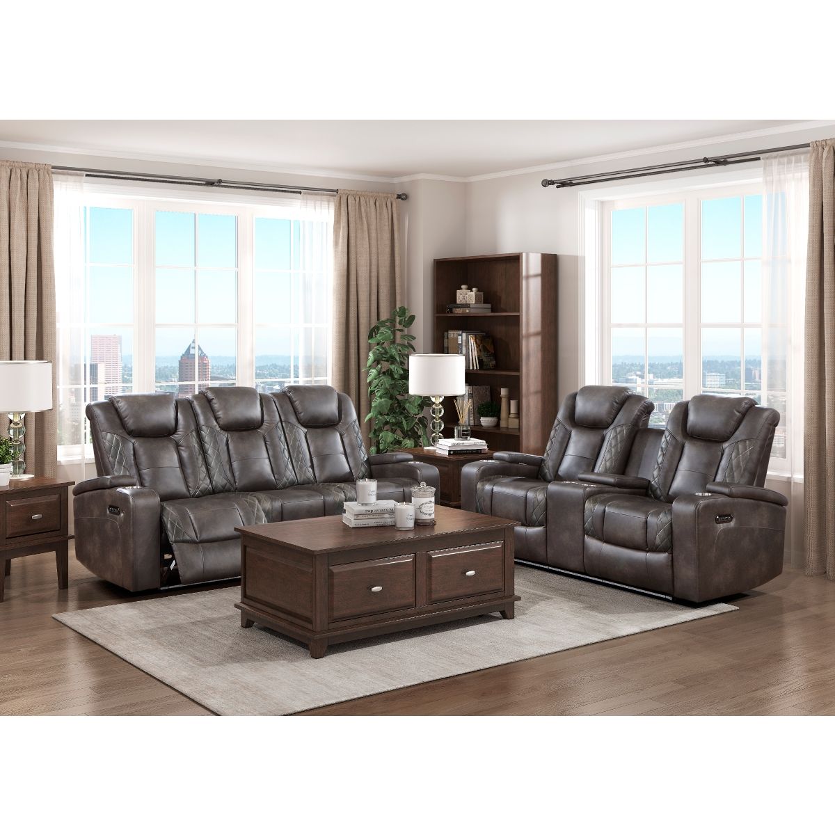 Tabor - Power Double Reclining Loveseat With Center Console, Power Headrests, Storage Arms And Cup Holders - Brownish Gray