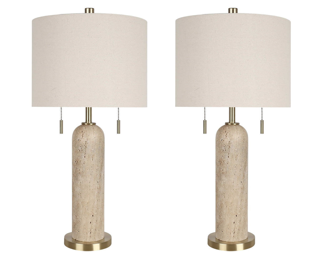"Travertine Elegance" Travertine Table Lamp (Set of 2) - Travertine / Soft Gold
