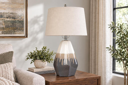 Ashen Cascade - 32 X 17 - Ceramic Table Lamp (Set of 2) - Ivory Mushroom Charcoal Drip Glaze
