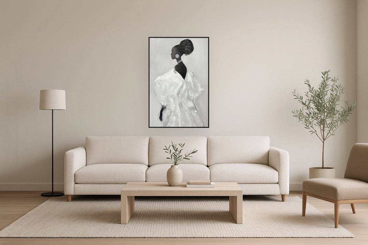 "Elegant Silhouette I" Hand-Painted With Rocks In Frame - Gray / Black / Rock