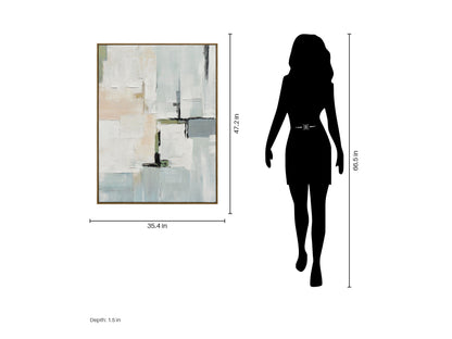 Quiet Intervals II - 35 X 47 - Hand-Painted Canvas In Frame - Ivory, Pale Blue, Beige, Gray, Black, Muted Green