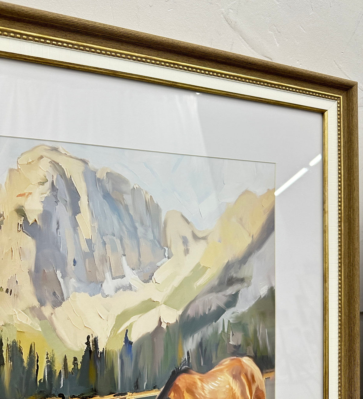 Alpine Watering II - 24 X 32 - Framed Print Under Glass - Brown, Green, Blue, Cream, Gray, White Mat, Brown Frame, Gold-Tone Frame Accents