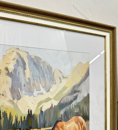 Alpine Watering II - 24 X 32 - Framed Print Under Glass - Brown, Green, Blue, Cream, Gray, White Mat, Brown Frame, Gold-Tone Frame Accents