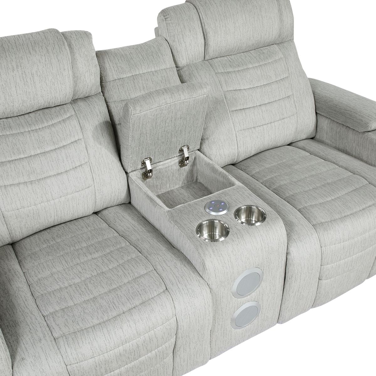 Ronan - Double Reclining Loveseat With Center Console, Wireless Speakers, Storage Arms, Cup Holders And Led - Gray