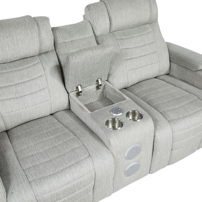 Ronan - Double Reclining Loveseat With Center Console, Wireless Speakers, Storage Arms, Cup Holders And Led - Gray