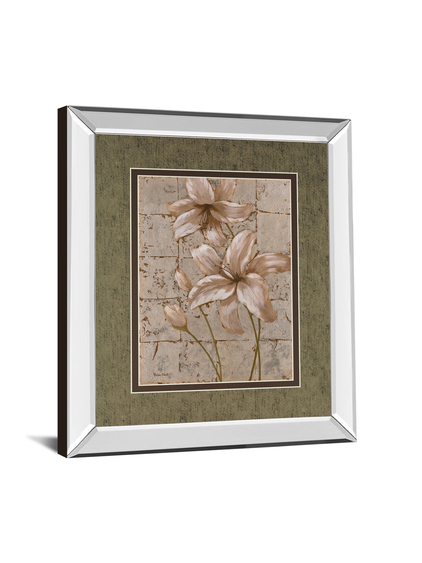 Lilies On Silver Il By Vivian Flasch - Mirror Framed Print Wall Art - Light Brown