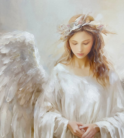 Angel Of Quiet Light - 30 X 44 - Hand-Embellished Canvas In Frame - Ivory, Beige, Gray