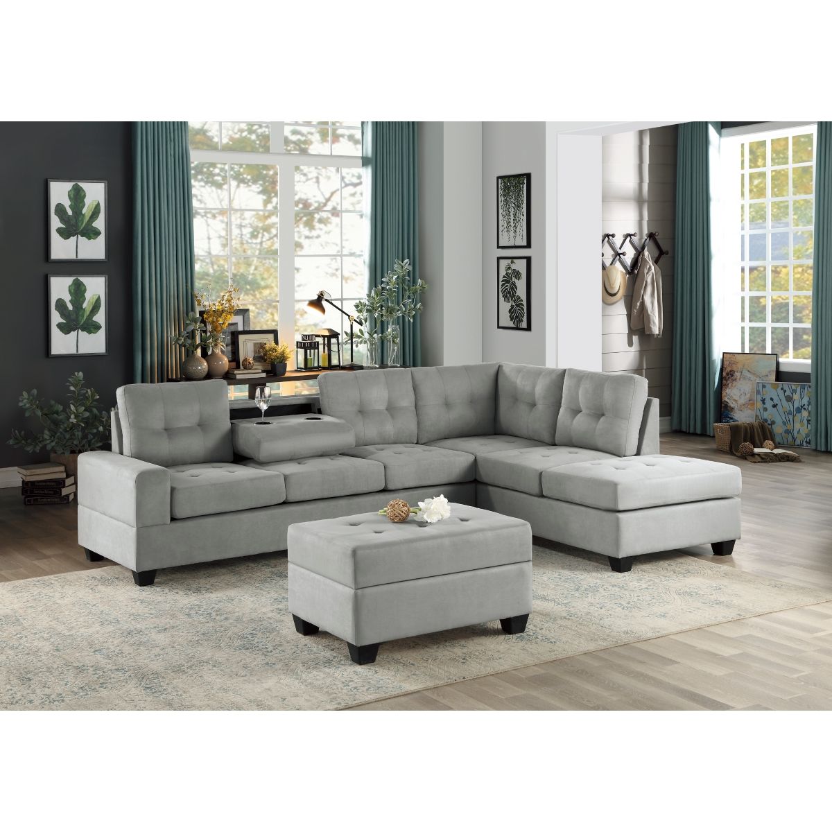 Maston - 3 Piece Reversible Sectional With Drop-Down Cup Holders And Storage Ottoman