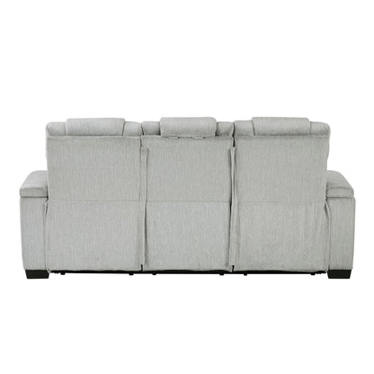 Ronan - Double Reclining Sofa With Center Drop-Down Cup Holders, Storage Arms, Cup Holders, Reading Lights, Magazine Bag, Receptacles, Charging Ports And Led - Gray