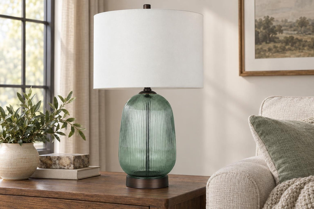 Willow Reverie - 28 X 16 - Ribbed Glass Table Lamp (Set of 2) - Sage Green Ribbed Glass