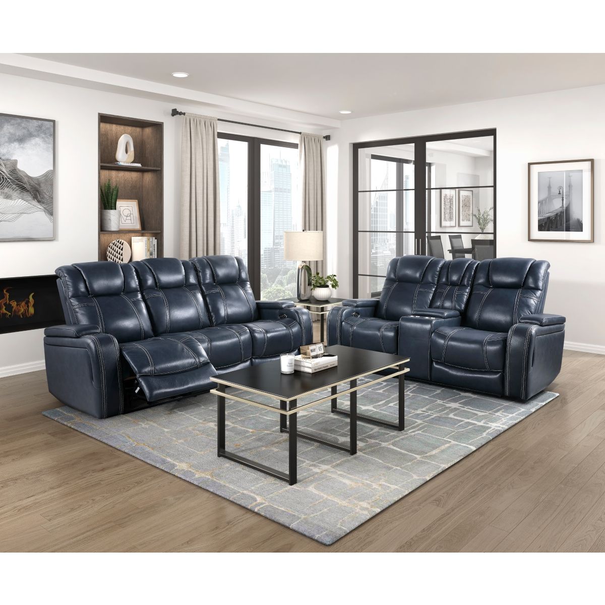 Keziah - Power Double Reclining Sofa With Power Headrests And Storage Arms - Blue