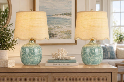 Seaglass Cove - 21 X 13 - Ceramic Accent Lamp (Set of 2) - Aqua Green, White
