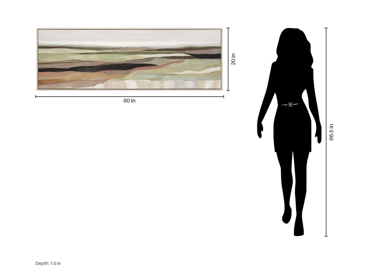 Sage Valley Reverie - 60 X 20 - Hand-Painted Canvas In Frame - Sage Green, Dusty Rose, Cream, Charcoal