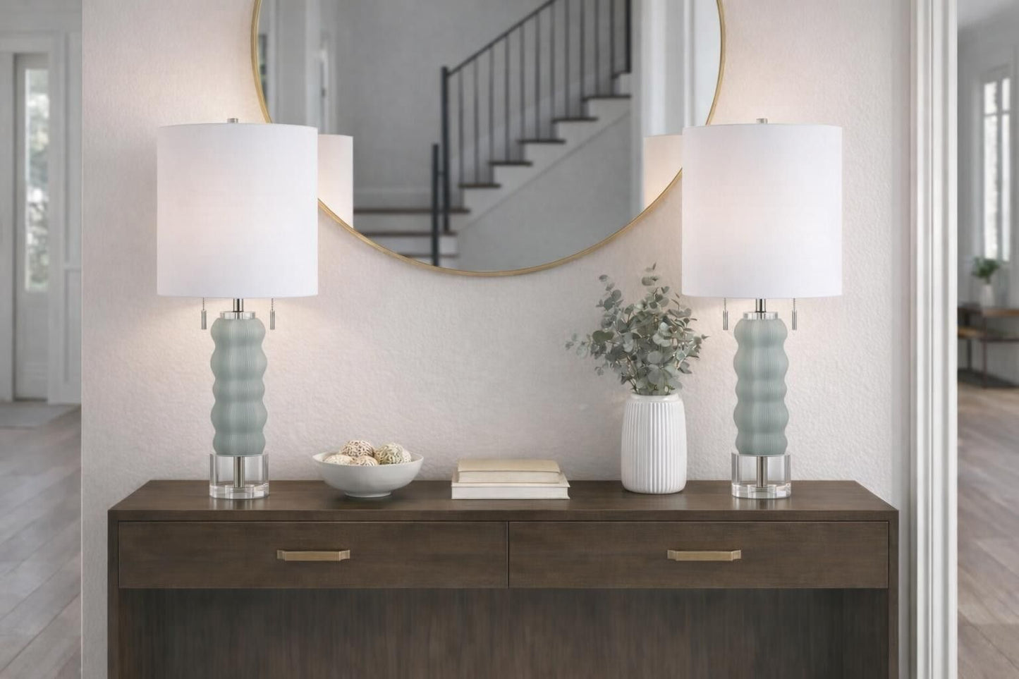 Oceanic Wave Glass & Crystal Table Lamp (Set of 2) - Mist Blue / Clear Crystal