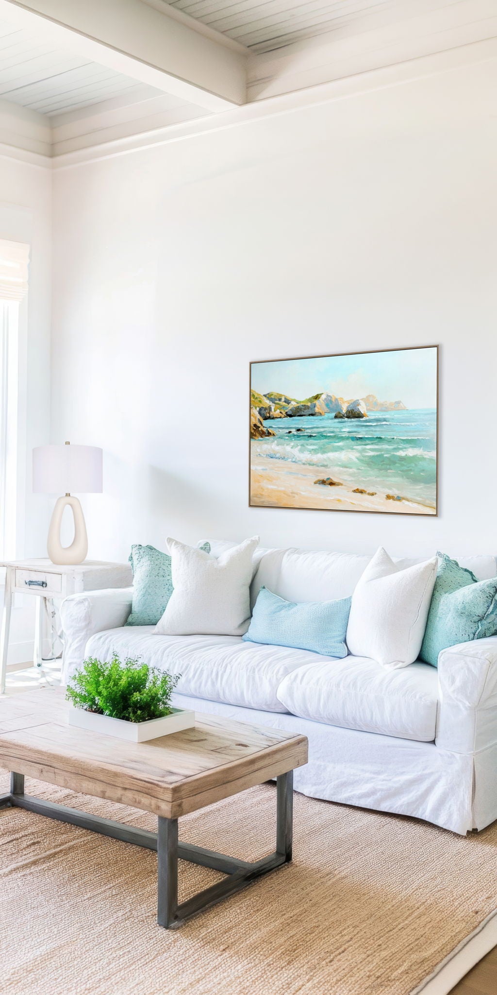 Coastal Daybreak I Hand-Embellished Canvas In Frame - Aqua / Beige