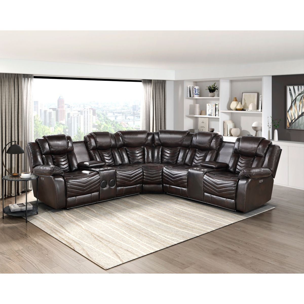 Ramone - 3 Piece Power Reclining Sectional With Consoles, Speakers, Subwoofer And LED Lighting - Brown