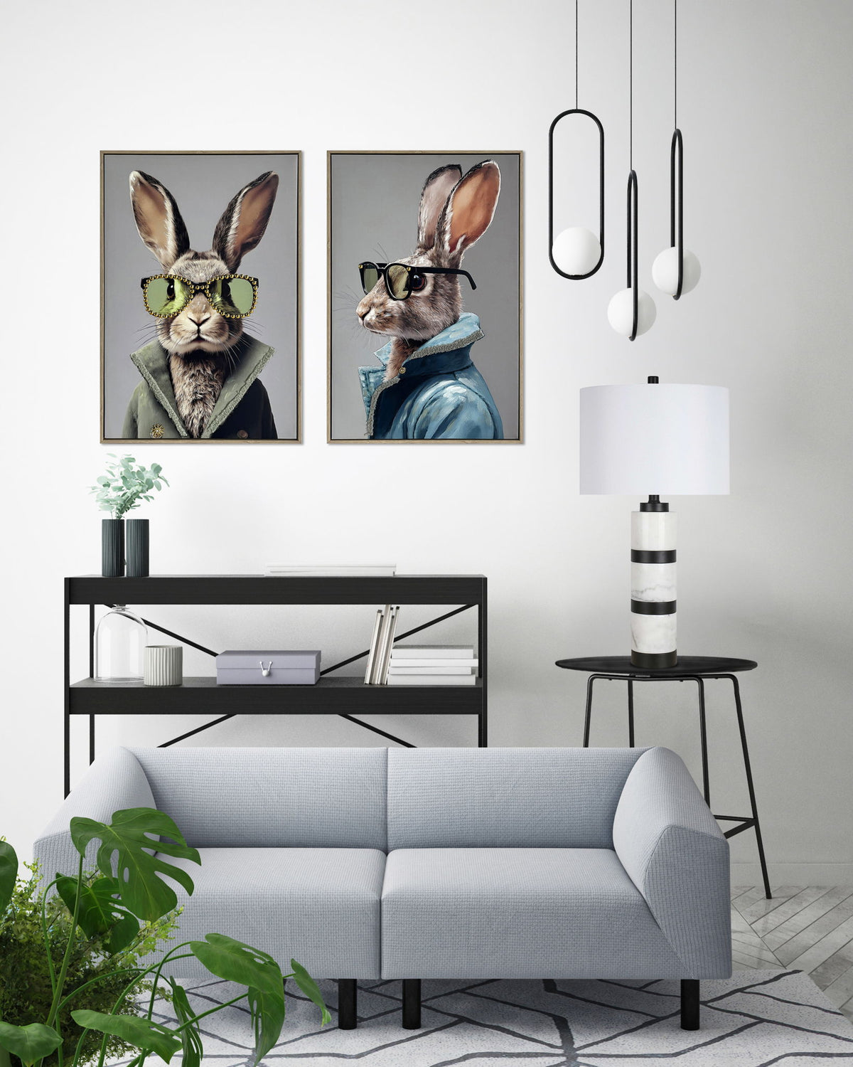Velvet Hare II Hand-Embellished Canvas With Fabric In Frame - Gray / Blue
