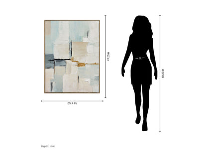 Quiet Intervals I - 35 X 47 - Hand-Painted Canvas In Frame - Ivory, Pale Blue, Beige, Gray, Black, Ochre