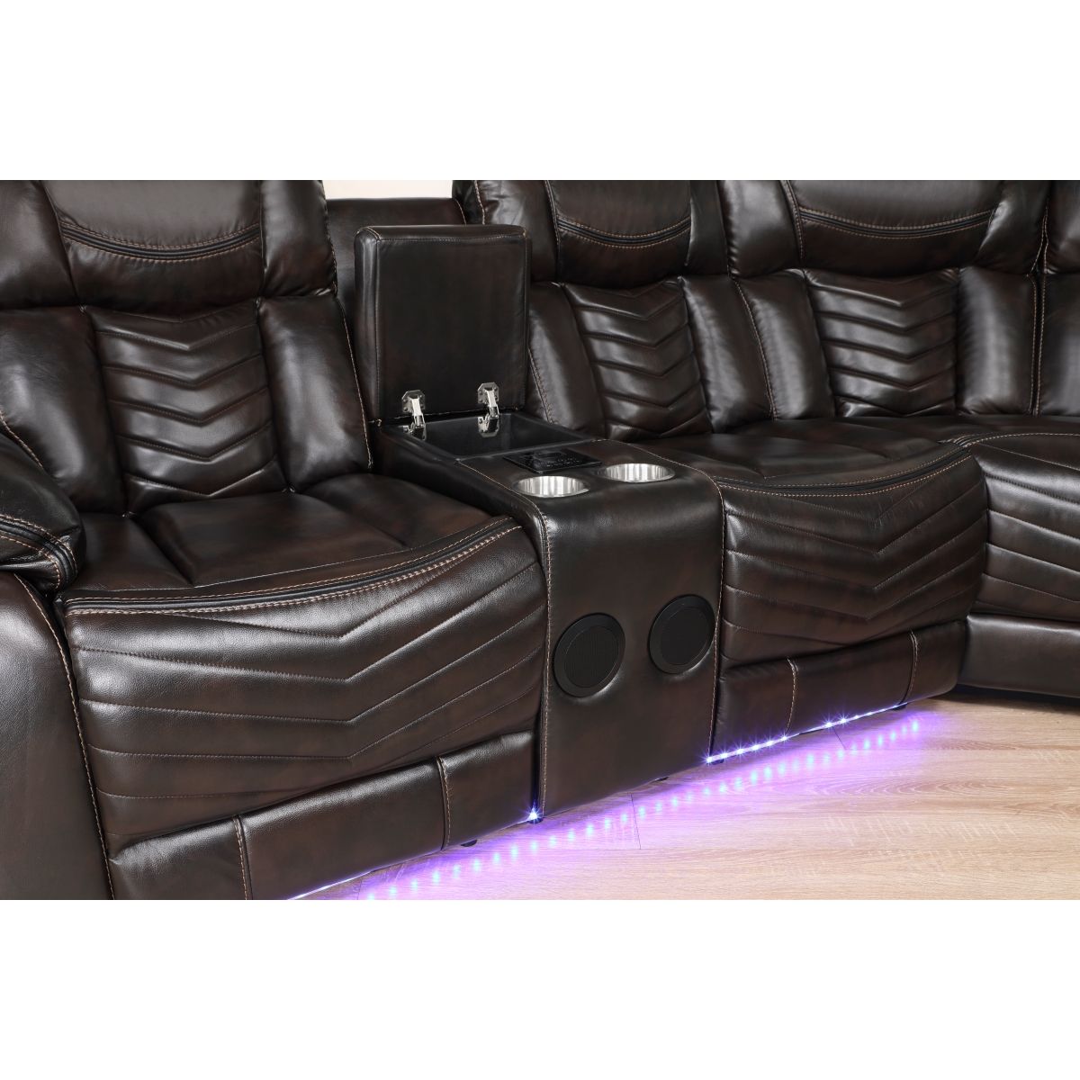 Ramone - 3 Piece Power Reclining Sectional With Consoles, Speakers, Subwoofer And LED Lighting - Brown
