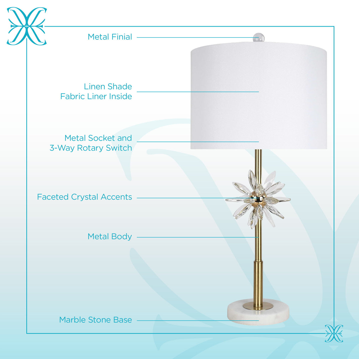 "Crystal Bloom II" Crystal And Marble Table Lamp (Set of 2) - White / Clear Crystal / Soft Gold