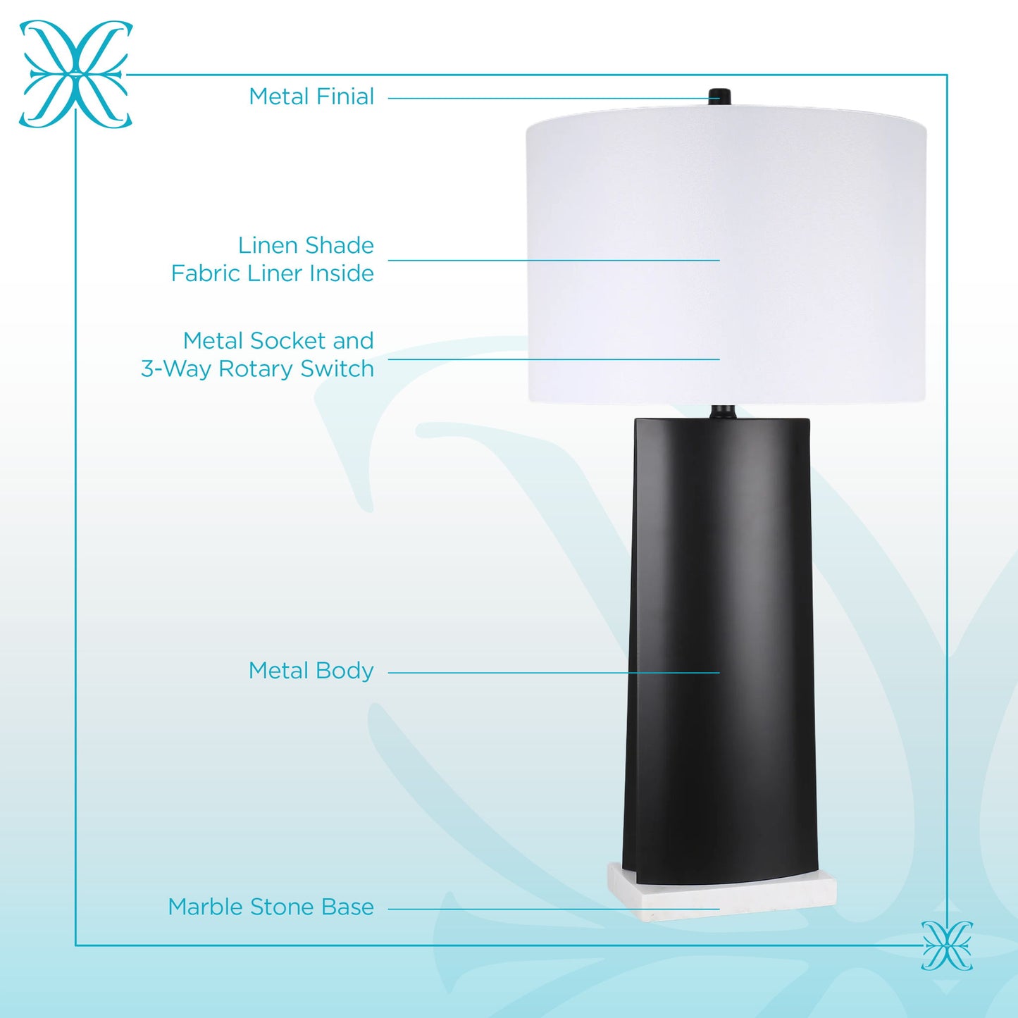 Monolith Aura Metal & Marble Table Lamp (Set of 2) - Matte Black / White Marble