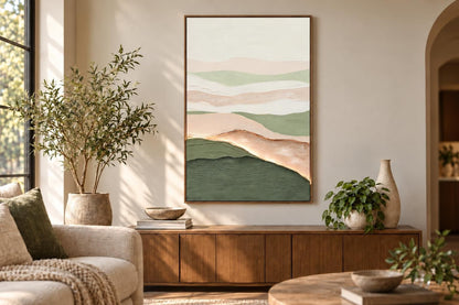 Sage Ridge Glow II - 32 X 47 - Hand-Painted Neon Canvas In Frame - Green, Cream