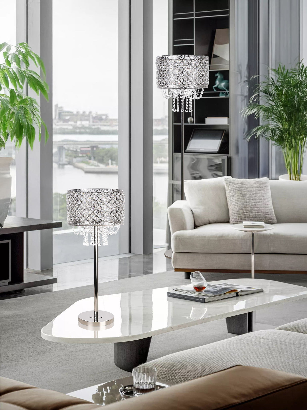 "Crystal Elegance I" Metal Floor Lamp - Polished Nickel / Clear Crystal