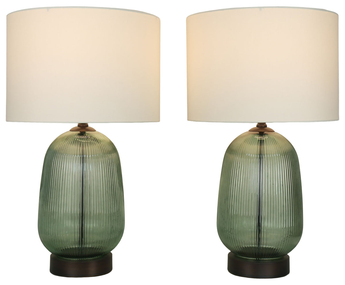 Willow Reverie - 28 X 16 - Ribbed Glass Table Lamp (Set of 2) - Sage Green Ribbed Glass