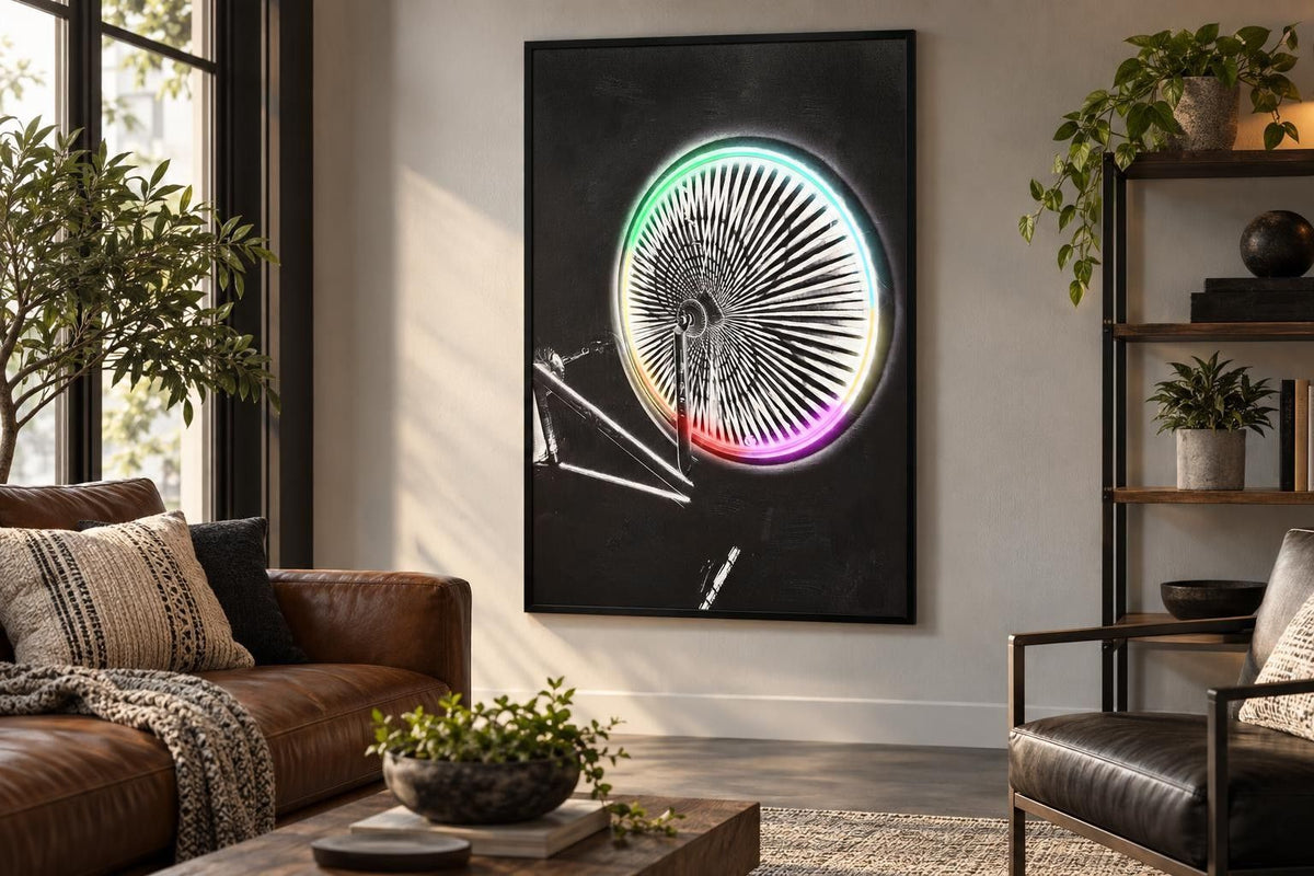 Chromatic Spokes - 32 X 48 - Hand-Embellished Color Changing Neon Canvas - Black