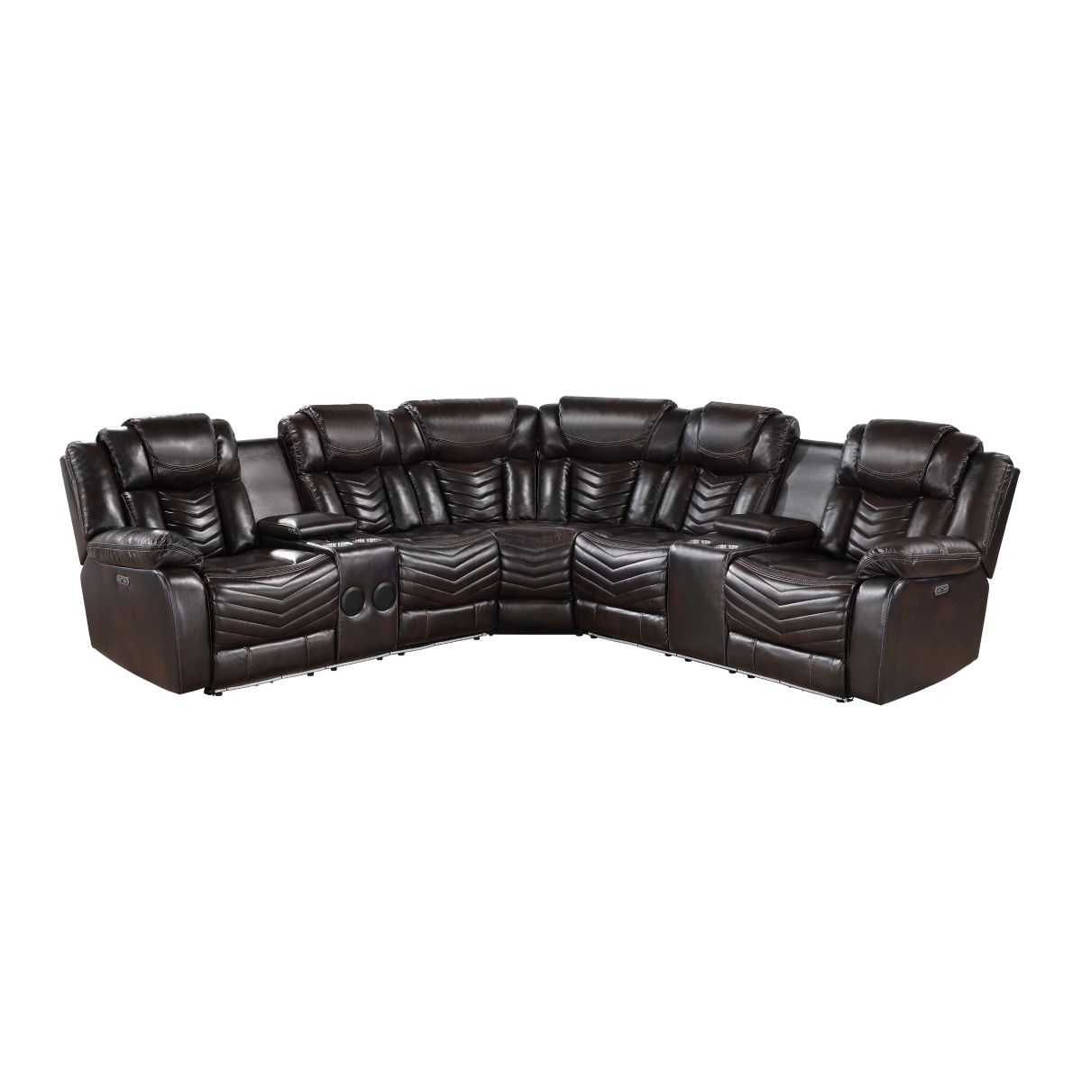 Ramone - 3 Piece Power Reclining Sectional With Consoles, Speakers, Subwoofer And LED Lighting - Brown
