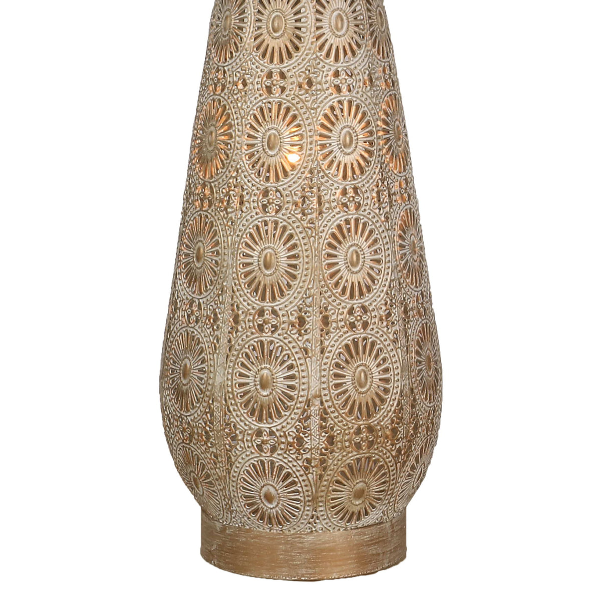 "Celestial Carve" Laser Cut Metal Table Lamp With Night Light (Set of 2) - Distressed White / Distressed Tan