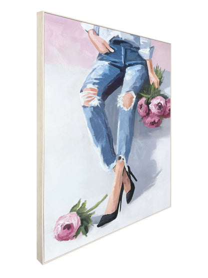 Denim And Peonies II - 36 X 48 - Hand-Embellished Canvas In Frame - Blue