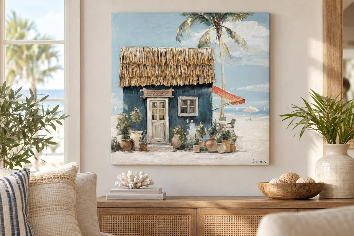 Salt Air Café - 40 X 40 - Hand-Embellished Wrapped Canvas With Raffia Grass - Blue