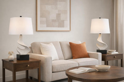 Sculpted Waves Resin & Metal Table Lamp (Set of 2) - White Stone / Matte Black