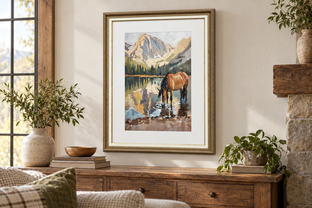Alpine Watering II - 24 X 32 - Framed Print Under Glass - Brown, Green, Blue, Cream, Gray, White Mat, Brown Frame, Gold-Tone Frame Accents