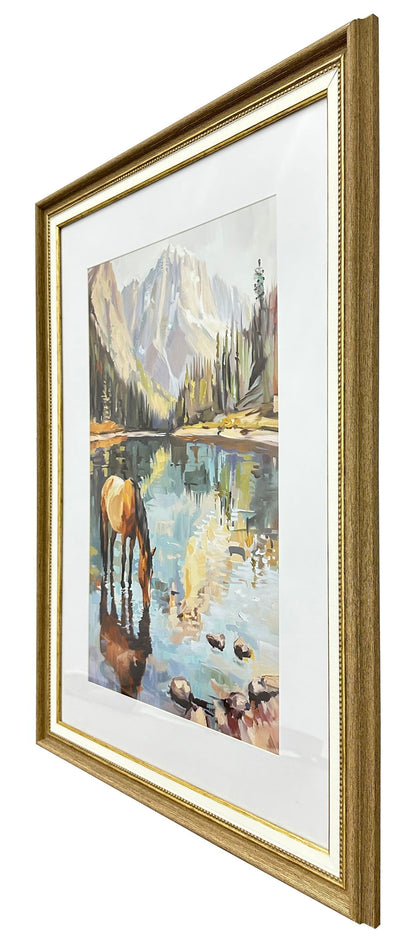 Alpine Watering I - 24 X 32 - Framed Print Under Glass - Blue, Brown, Green, Cream, Gray, White Mat, Brown Frame, Gold-Tone Frame Accents