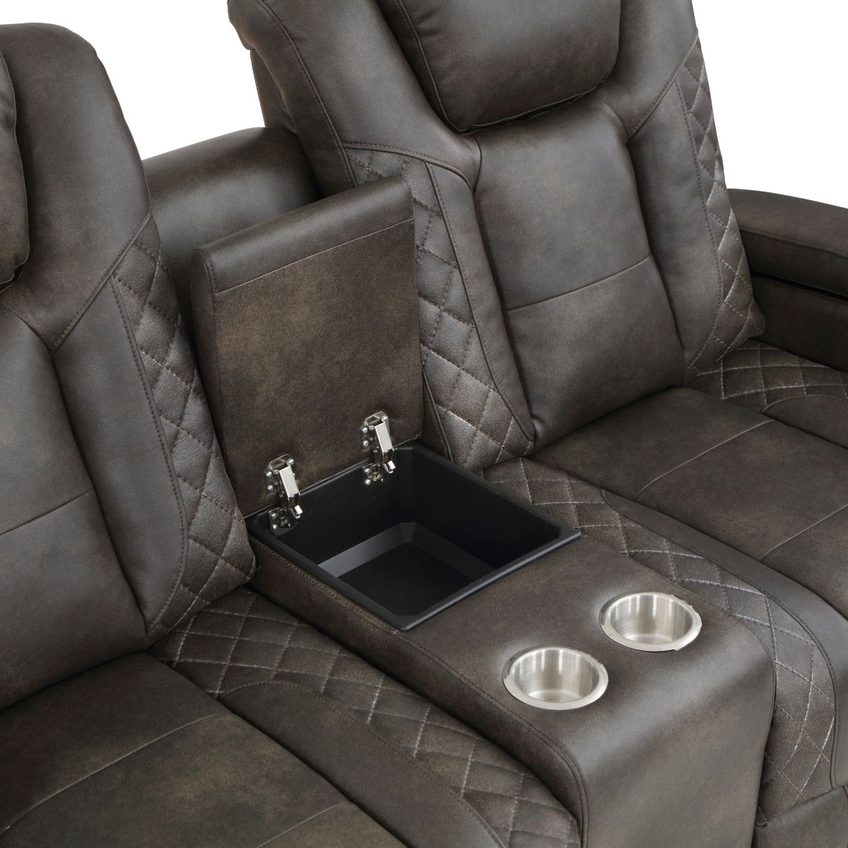Tabor - Power Double Reclining Loveseat With Center Console, Power Headrests, Storage Arms And Cup Holders - Brownish Gray