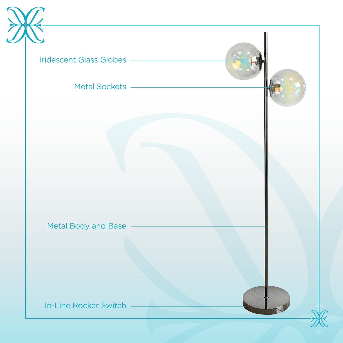 "Celestial Radiance" Metal Floor Lamp With Iridescent Glass Globes - Gun Metal Iridescent Glass