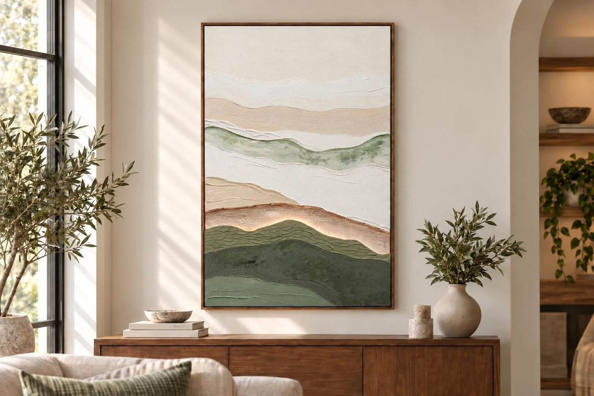 Sage Ridge Glow I - 32 X 47 - Hand-Painted Neon Canvas In Frame - Green, Cream