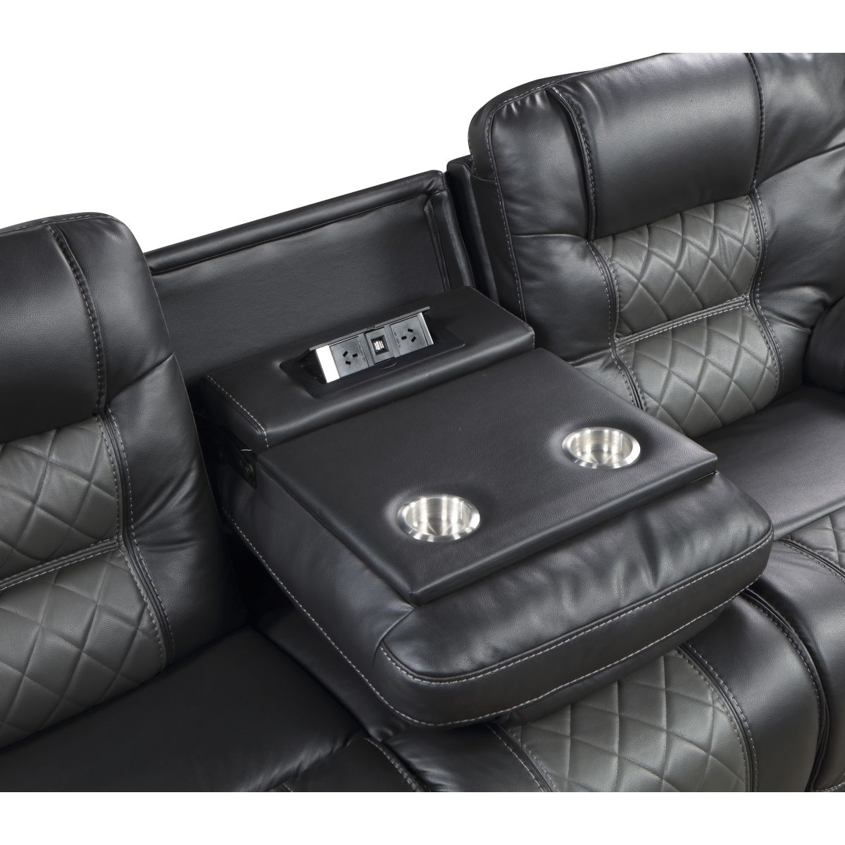 Fabian - Double Reclining Sofa With Center Drop-Down Cup Holders, Receptacles And USB Ports - 2-Tone Gray (Gray / Dark Gray)